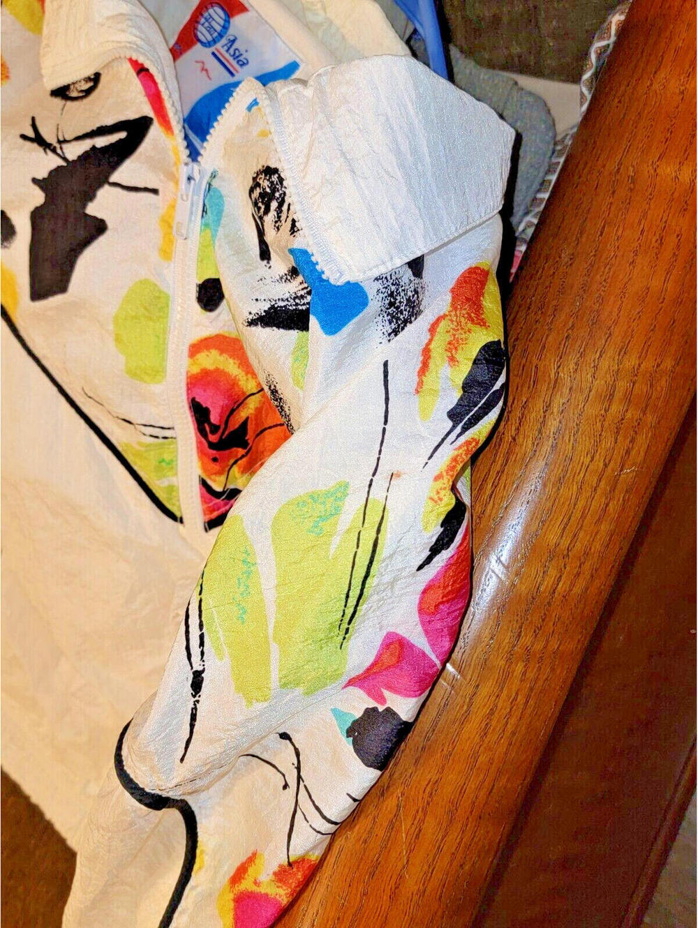 VTG 70s 80s Pan Asia Hip Full Art Retro White Windbreaker Fullzip Jacket S Small - Picture 14 of 14